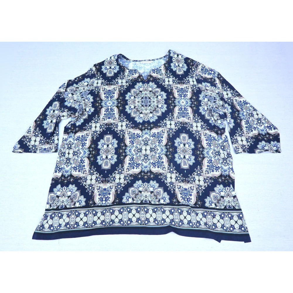 Allison Daley Plus 1X Womens Knit Top Navy Medallion Scarf Print Studded